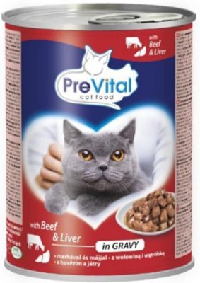 PreVital kočka s hovězím a játry v omáčce, kousky 415 g PRODEJ PO BALENÍ (12 ks)