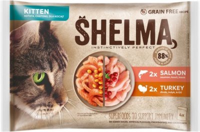 SHELMA Cat Kitten losos a krůta, kapsa 85 g (4 pack)