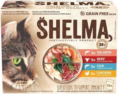 SHELMA Cat kuřecí, hovězí, losos a treska, kapsa 85 g (12 pack)