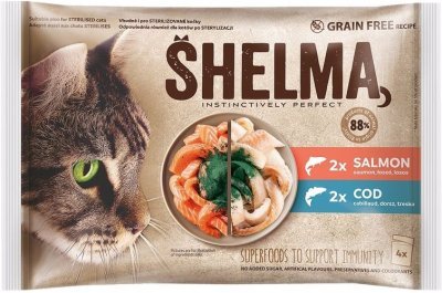 SHELMA Cat losos a treska, kapsa 85 g (4 pack)
