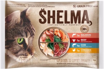 SHELMA Cat kuře, hovězí, losos a treska, kapsa 85 g (4 pack)