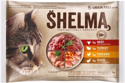 SHELMA Cat kuře, hovězí, kachna a krůta, kapsa 85 g (4 pack)