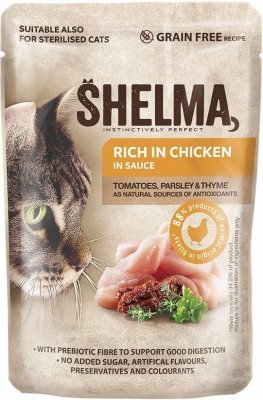 SHELMA Cat kuřecí s rajčaty a bylinkami v omáčce, kapsa 85 g