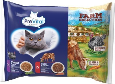 Prevital kočka Farm Selection hovězí a krůtí v omáčce se zeleninou, kapsa 85 g (4 pack)