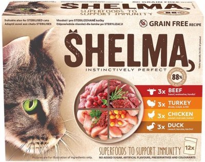 SHELMA Cat kuřecí, hovězí, kachní a krůtí, kapsa 85 g (12 pack)