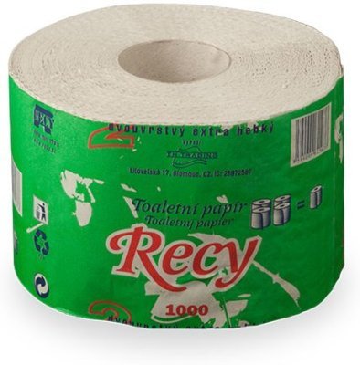 Toaletní papír RECY 1000 útržků, 2vr recykl 65% bělost, 65m (1ks)