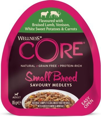Konzerva Wellness Core Dog Savoury Medleys Adult Small jehně, telecí, batáta a mrkev 85g