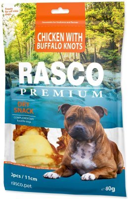 Pochoutka Rasco Premium buvolí kůže obalená kuřecím, uzly 11cm 80g