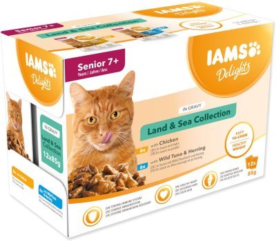 Kapsička IAMS Delights Senior mořské a suchozemské maso v omáčce 1020g (12x85g)