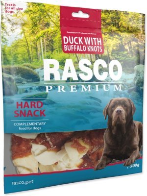 Pochoutka Rasco Premium buvolí kůže s kachním, uzly 5cm 500g