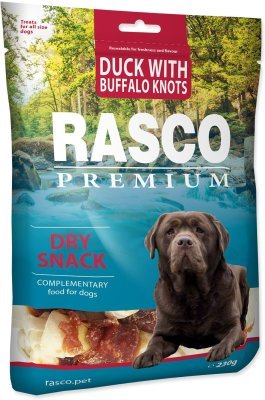 Pochoutka Rasco Premium buvolí kůže s kachním, uzly 5cm 230g
