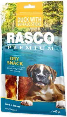 Pochoutka Rasco Premium buvolí kůže obalená kachním, tyčinky 18cm 3x140g