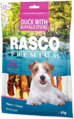 Pochoutka Rasco Premium buvolí kůže obalená kachním, tyčinky 80g