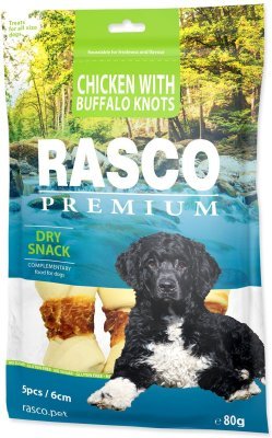 Pochoutka Rasco Premium buvolí kůže obalená kuřecím, uzly 6cm 80g