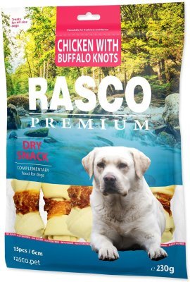 Pochoutka Rasco Premium buvolí kůže obalená kuřecím, uzly 6cm 230g