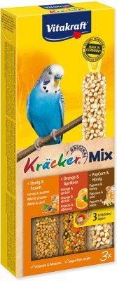 Tyčinky Vitakraft Kracker Trio Mix andulka, s medem, pomeranči a popcornem 3ks