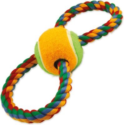 Hračka Dog Fantasy přetahovadlo osmička barevné bavlněné s tenisákem 25cm