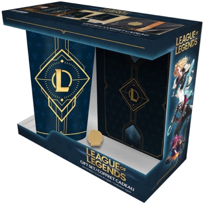 League of Legends Dárkový Set - XXL Sklenice, Pin a Zápisník s Hextech Logem
