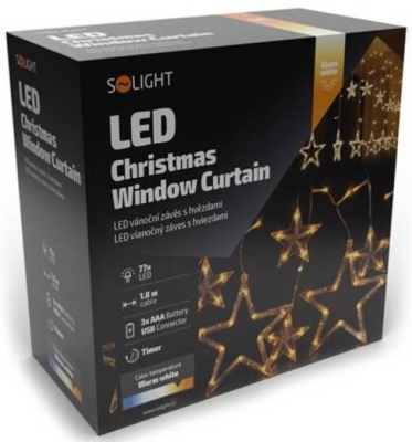 Solight LED venkovní vánoční závěs, hvězdy, šíře 3m, 123LED, IP44, 3xAA, teplá bílá