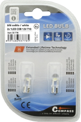 Compass žárovka 1LED COB 12V T10 bílá 2ks