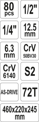 Sada nářadí gola 1/2" YATO 80 kusů