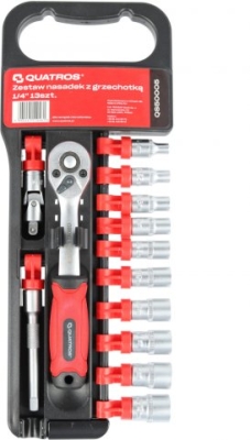 Sada nástrčných hlavic 4-13 mm, 1/4" s ráčnou a prodloužením, 13 ks - QUATROS QS50005