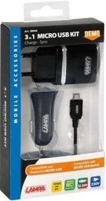 Nabíječka telefonu LAMPA 3 v 1 Micro USB kit 12/24V + 230V
