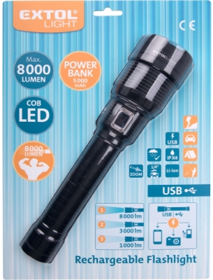 Svítilna 8000lm, zoom, USB nabíjení s powerbankou, 60W COB LED EXTOL LIGHT
