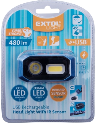 Čelovka 480lm, USB nabíjení, IR čidlo, Osram LED+COB LED EXTOL LIGHT