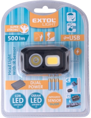 Čelovka 500lm, Dual Power - Li-ion nebo AAA, USB nabíjení, s IR čidlem, Osram LED+COB LED EXTOL LIGHT