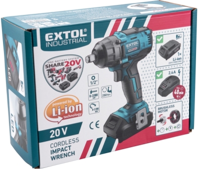 Utahovák rázový 1/2“ aku SHARE20V, 250Nm, BRUSHLESS, 20V Li-ion, 2000mAh EXTOL INDUSTRIAL
