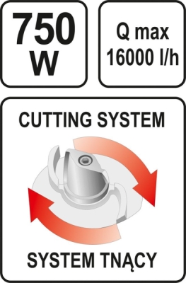Yato YT-85350 kalové čerpadlo s drtičem, 750 W, 16000 l/h, litinové tělo, IPX8