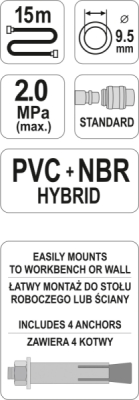 Naviják se vzduchovou hadicí PVC+NBR 9,5mm, 15m Yato YT-24241