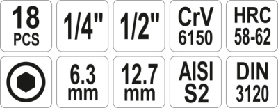 Sada hlavic 1/2" 1/4" bitů Imbus YATO 18 kusů