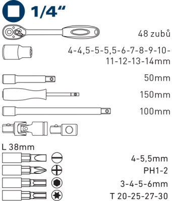 Hlavice nástrčné a zástrčné, sada 31ks, 1/4" FORTUM