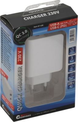Compass zástrčka QUICK CHARGE 3.0 230V USB-A / USB-C 18W