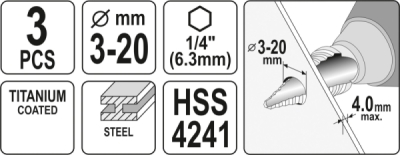 Sada stupňovitých kuželových vrtáků 3-20mm Yato YT-44731