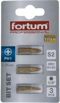 Hrot křížový phillips, sada 3ks, PH 1x25mm,titan. úprava, S2 FORTUM