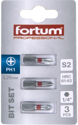 Hrot křížový phillips, sada 3ks, PH 1x25mm, S2 FORTUM
