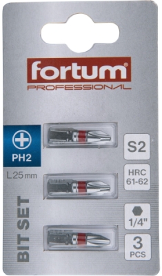 Hrot křížový phillips, sada 3ks, PH 2x25mm, S2 FORTUM