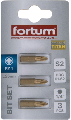 Hrot křížový pozidriv, sada 3ks, PZ 1x25mm,titan. úprava, S2 FORTUM