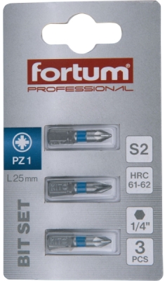 Hrot křížový pozidriv, sada 3ks, PZ 1x25mm, S2 FORTUM