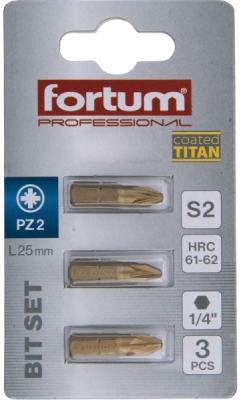 Hrot křížový pozidriv, sada 3ks, PZ 2x25mm,titan. úprava, S2 FORTUM