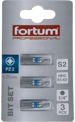 Hrot křížový pozidriv, sada 3ks, PZ 2x25mm, S2 FORTUM
