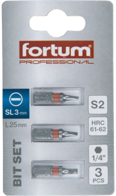 Hrot plochý sada 3ks, 3x25mm, S2 FORTUM