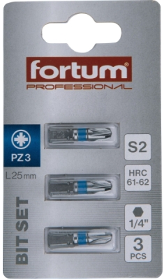 Hrot křížový pozidriv, sada 3ks, PZ 3x25mm, S2 FORTUM