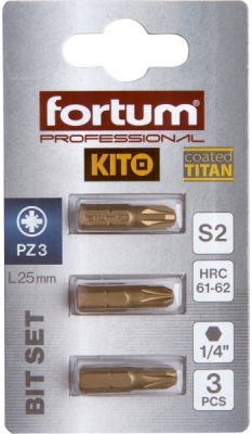Hrot křížový pozidriv, sada 3ks, PZ 3x25mm,titan. úprava, S2 FORTUM