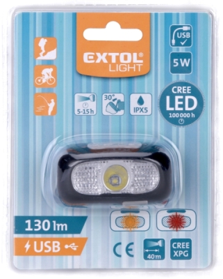 Čelovka 130lm CREE XPG, USB nabíjení, dosvit 40m, 5W CREE XPG LED EXTOL LIGHT