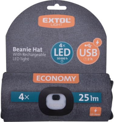 Čepice s čelovkou 4x25lm, USB nabíjení, tmavě šedá, ECONOMY, univerzální velikost EXTOL LIGHT