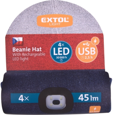 Čepice s čelovkou 4x45lm, USB nabíjení, bílá/červená/modrá, univerzální velikost EXTOL LIGHT